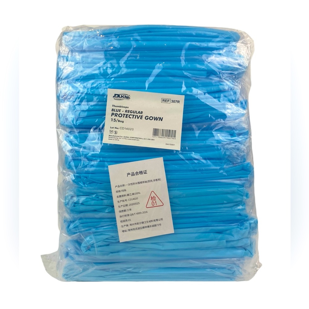 Dukal Blue Regular Protective Gown With Thumbloops 15 Count New Sealed